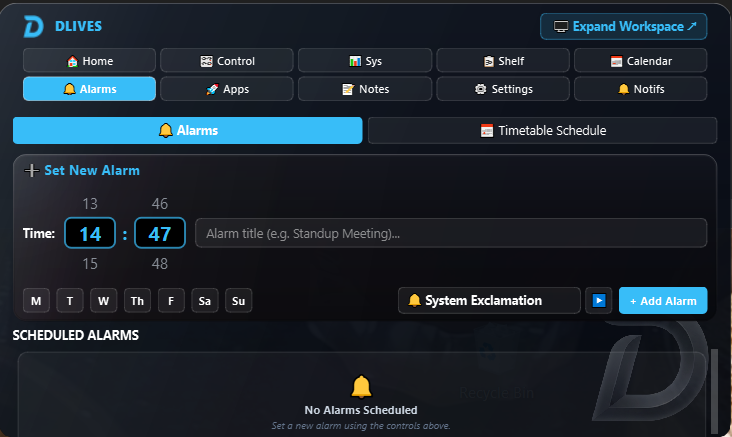 DLives Alarms tab showing alarm time picker and scheduled alarms