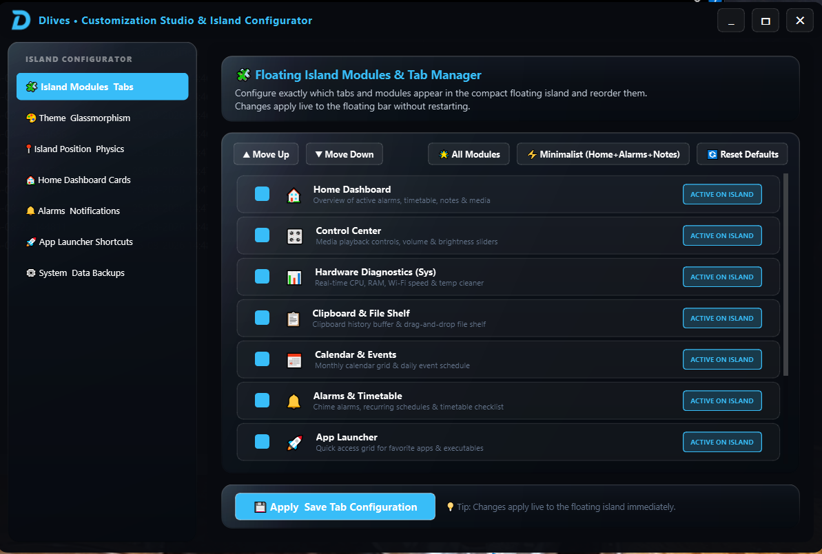 DLives Customization Studio full window showing Island Modules Tab Manager