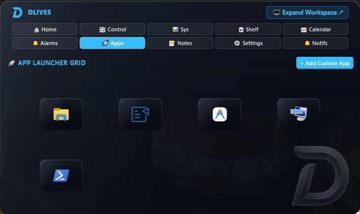 DLives App Launcher tab showing app grid