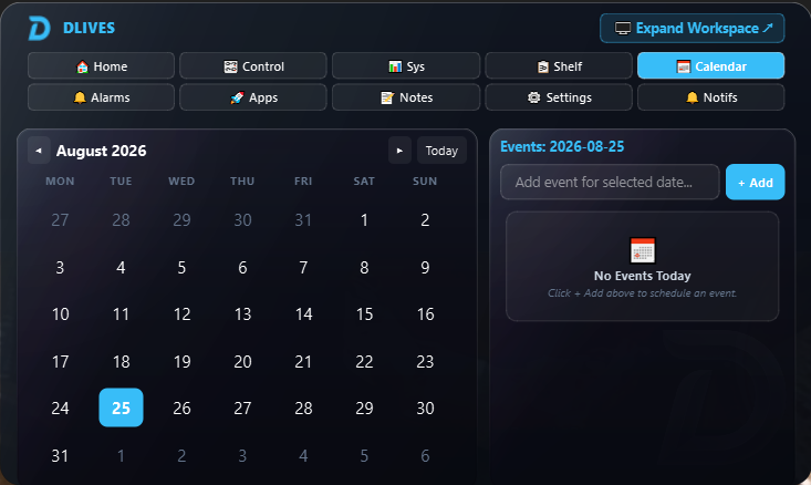 DLives Calendar tab showing month grid and event panel