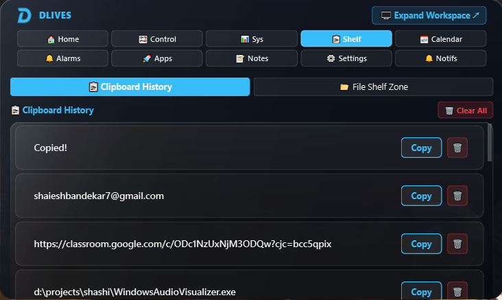 DLives Clipboard and File Shelf tab