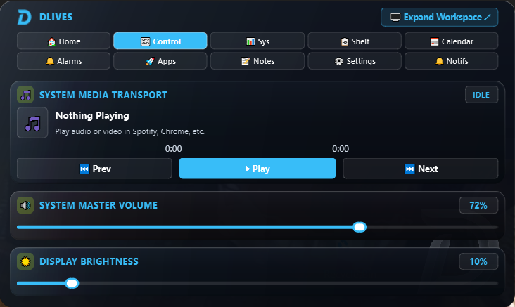 DLives Control Center tab showing media transport and volume slider