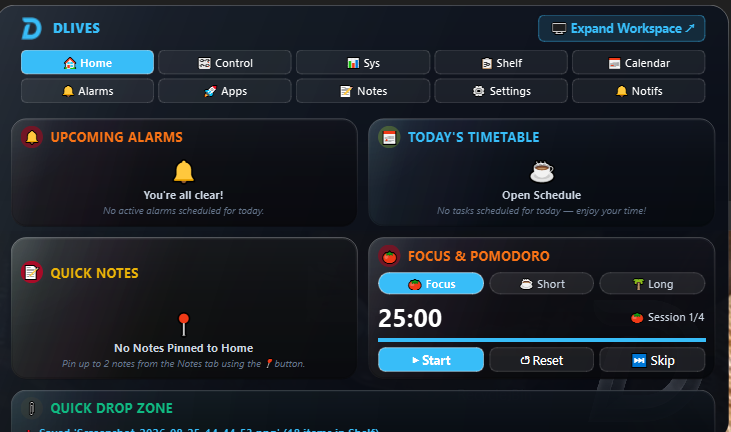 DLives home dashboard showing alarms, timetable, notes, and Pomodoro timer