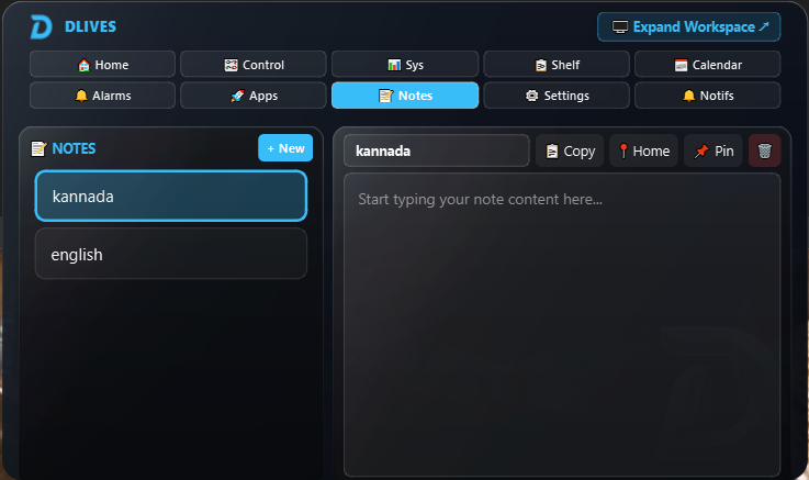 DLives Notes tab showing multi-note sidebar and editor