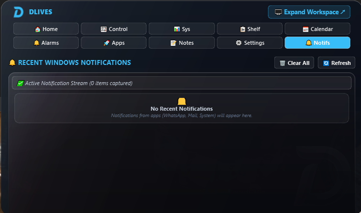 DLives Notifications tab showing recent system notification feed