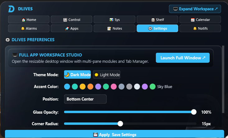 DLives Settings tab showing accent color swatches and customization controls